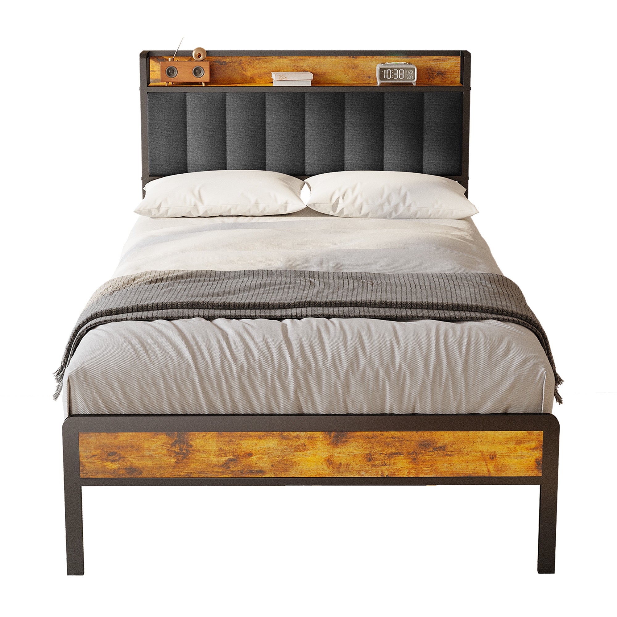Bealife BF25 Lit simple avec tête de lit escamotable, sommier plateforme standard, lit en métal | 220 x 120 x 111 cm