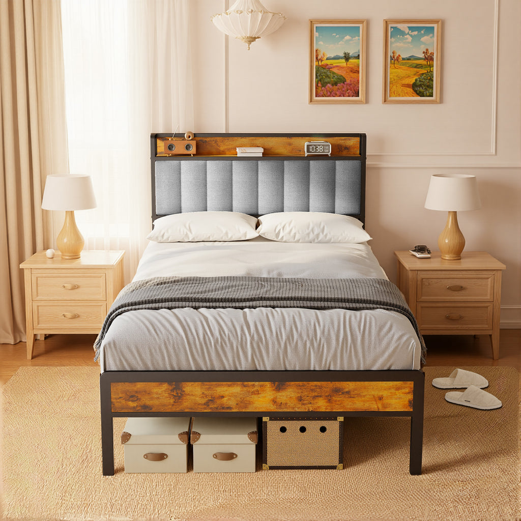Bealife BF25 Lit simple avec tête de lit escamotable, sommier plateforme standard, lit en métal | 220 x 120 x 111 cm