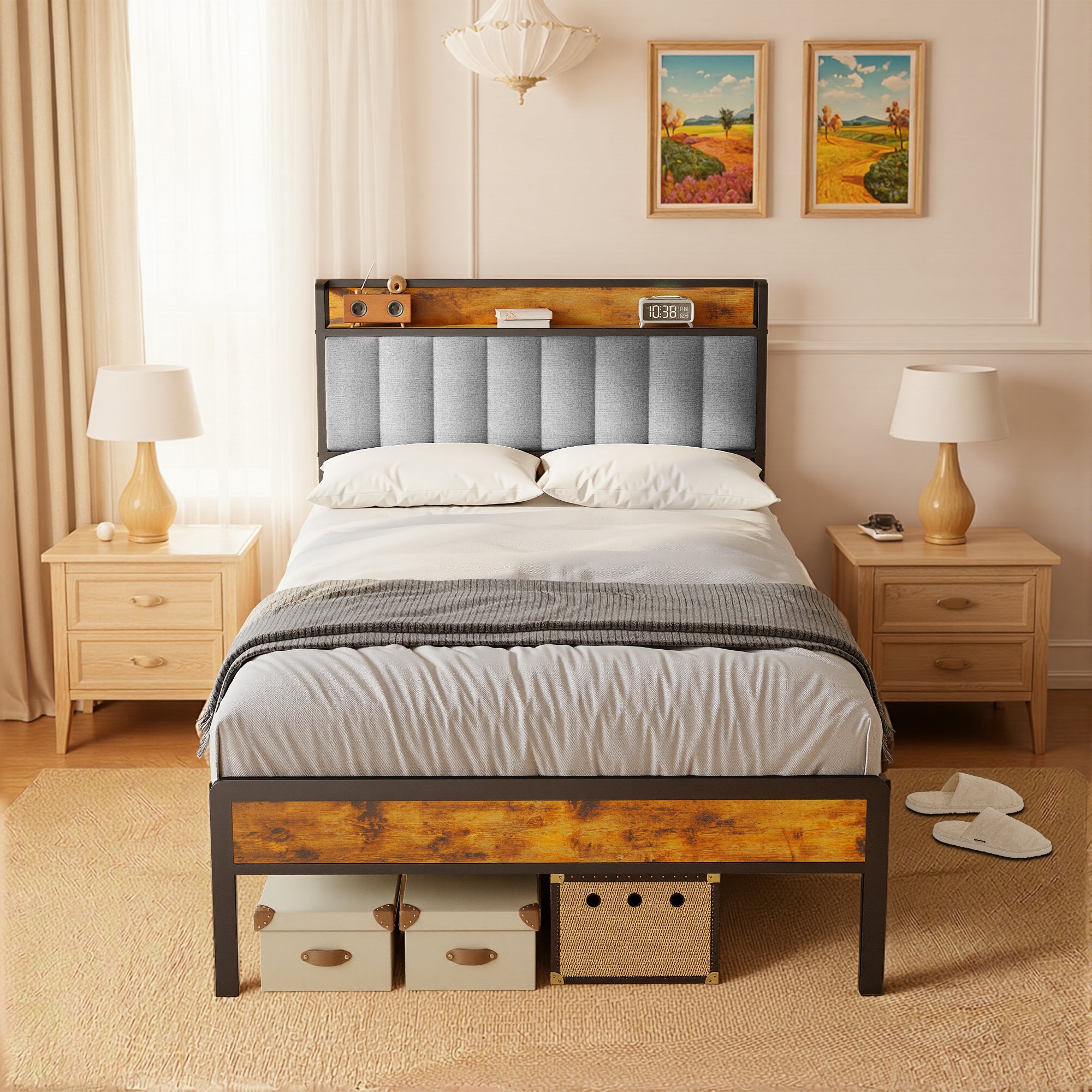 Bealife BF25 Lit simple avec tête de lit escamotable, sommier plateforme standard, lit en métal | 220 x 120 x 111 cm