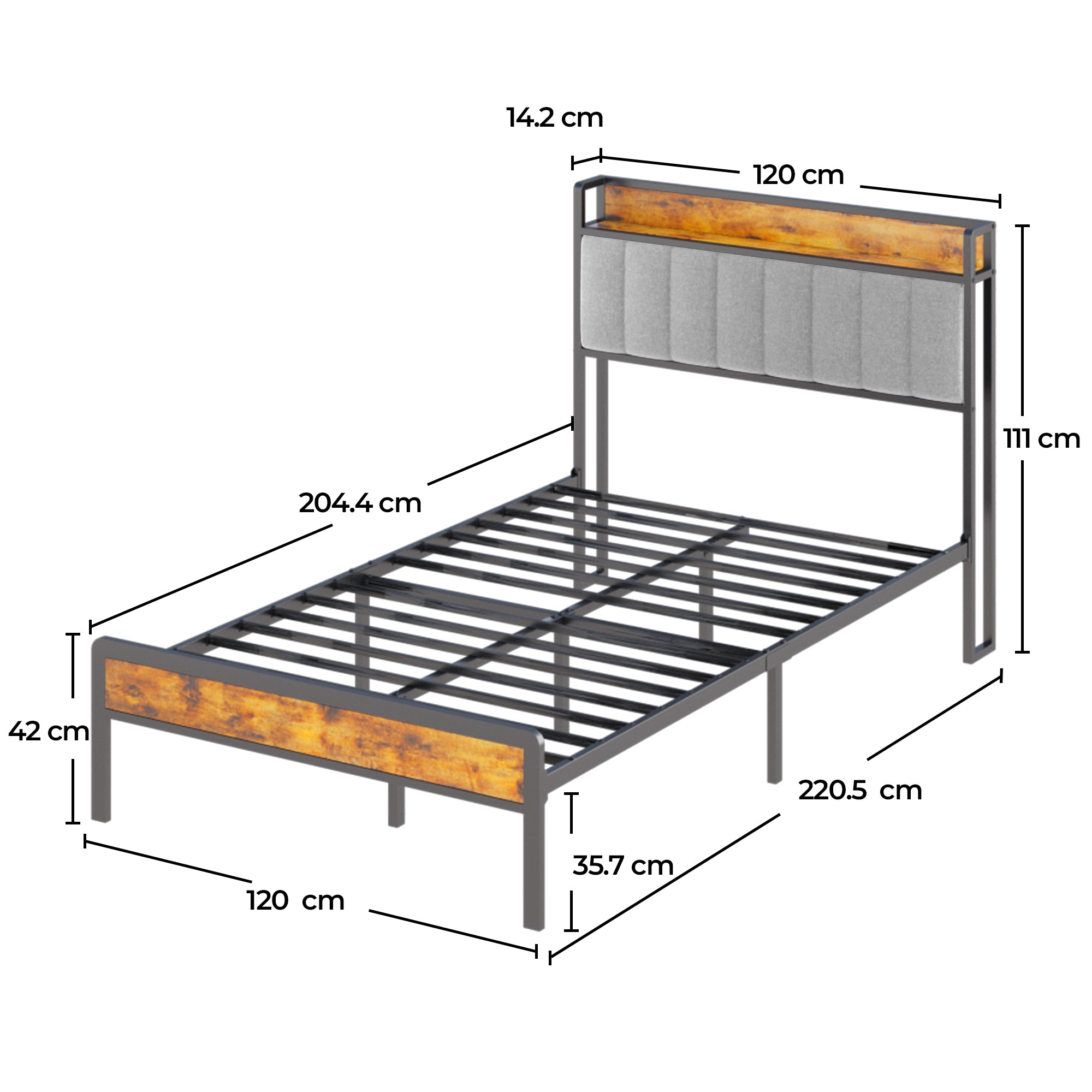 Bealife BF25 Lit simple avec tête de lit escamotable, sommier plateforme standard, lit en métal | 220 x 120 x 111 cm