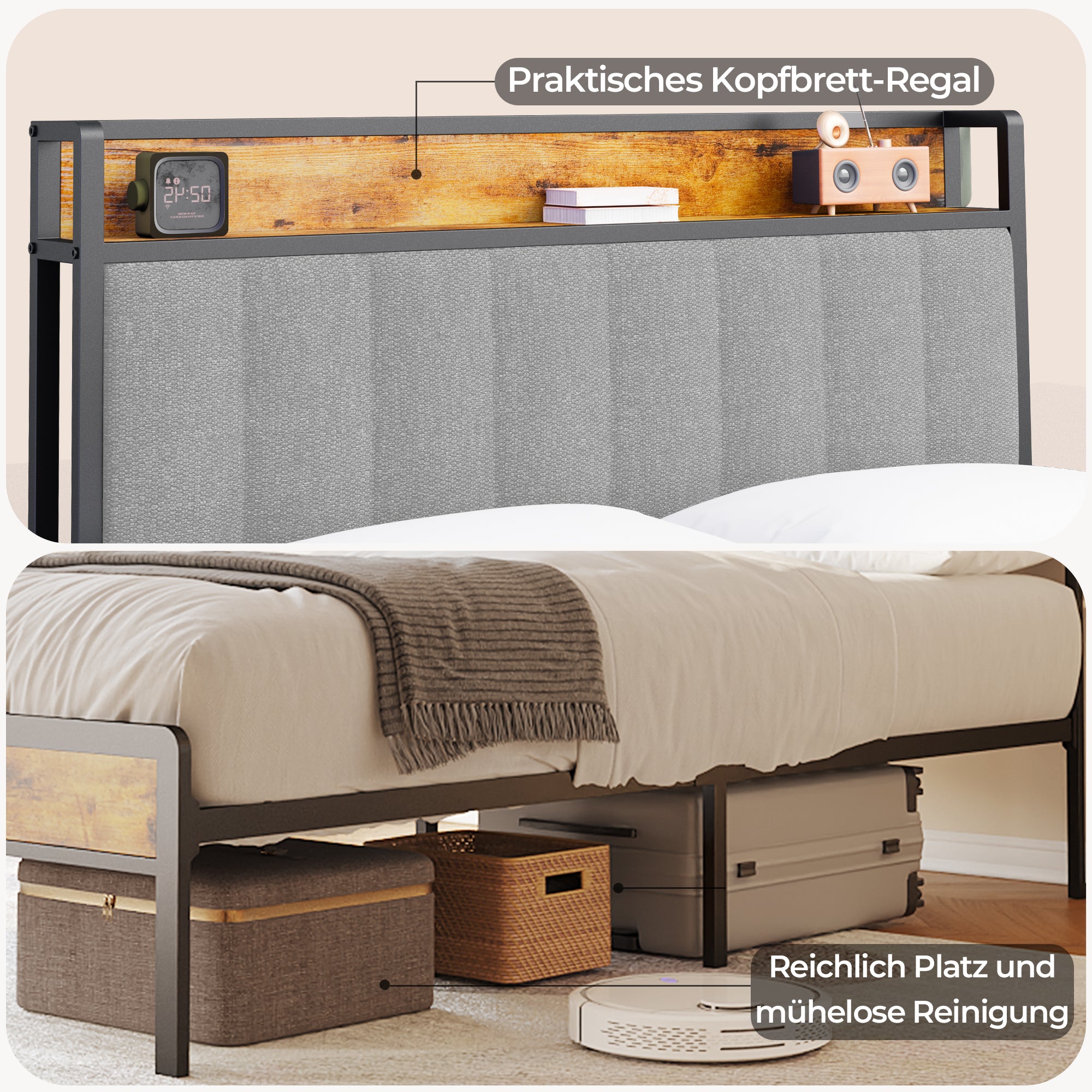 Bealife BF25 Lit simple avec tête de lit escamotable, sommier plateforme standard, lit en métal | 220 x 120 x 111 cm