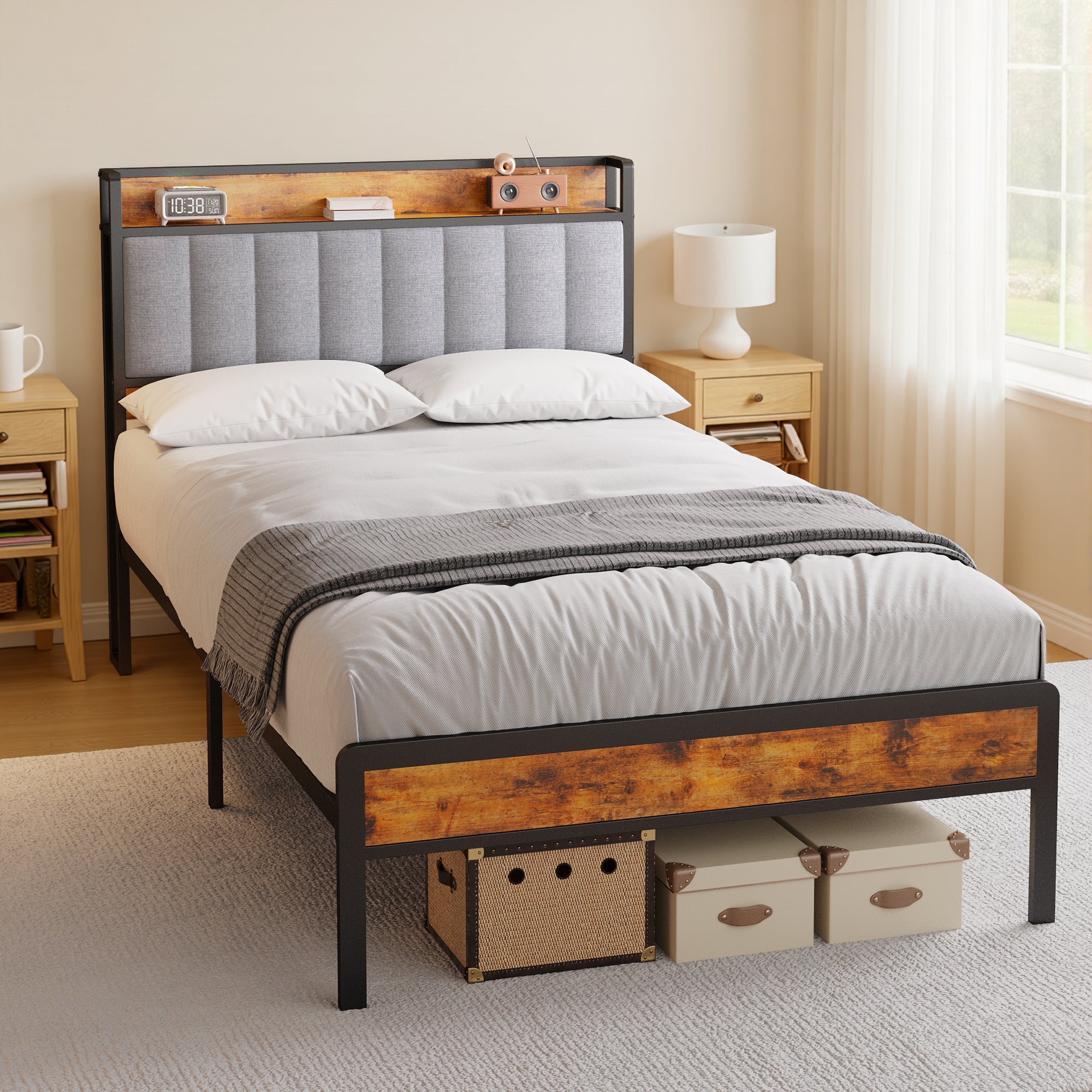 Bealife BF25 Lit simple avec tête de lit escamotable, sommier plateforme standard, lit en métal | 220 x 120 x 111 cm