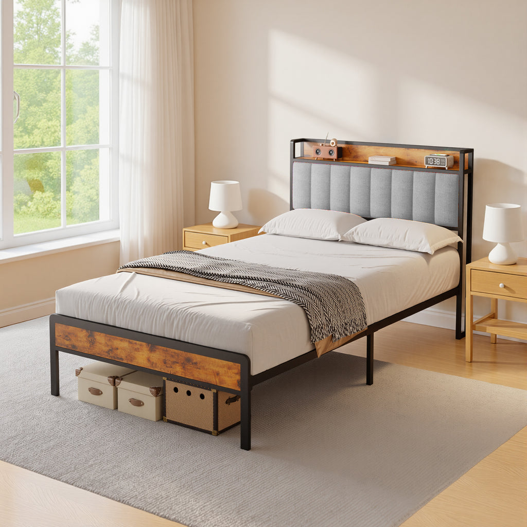 Bealife BF25 Lit simple avec tête de lit escamotable, sommier plateforme standard, lit en métal | 220 x 120 x 111 cm