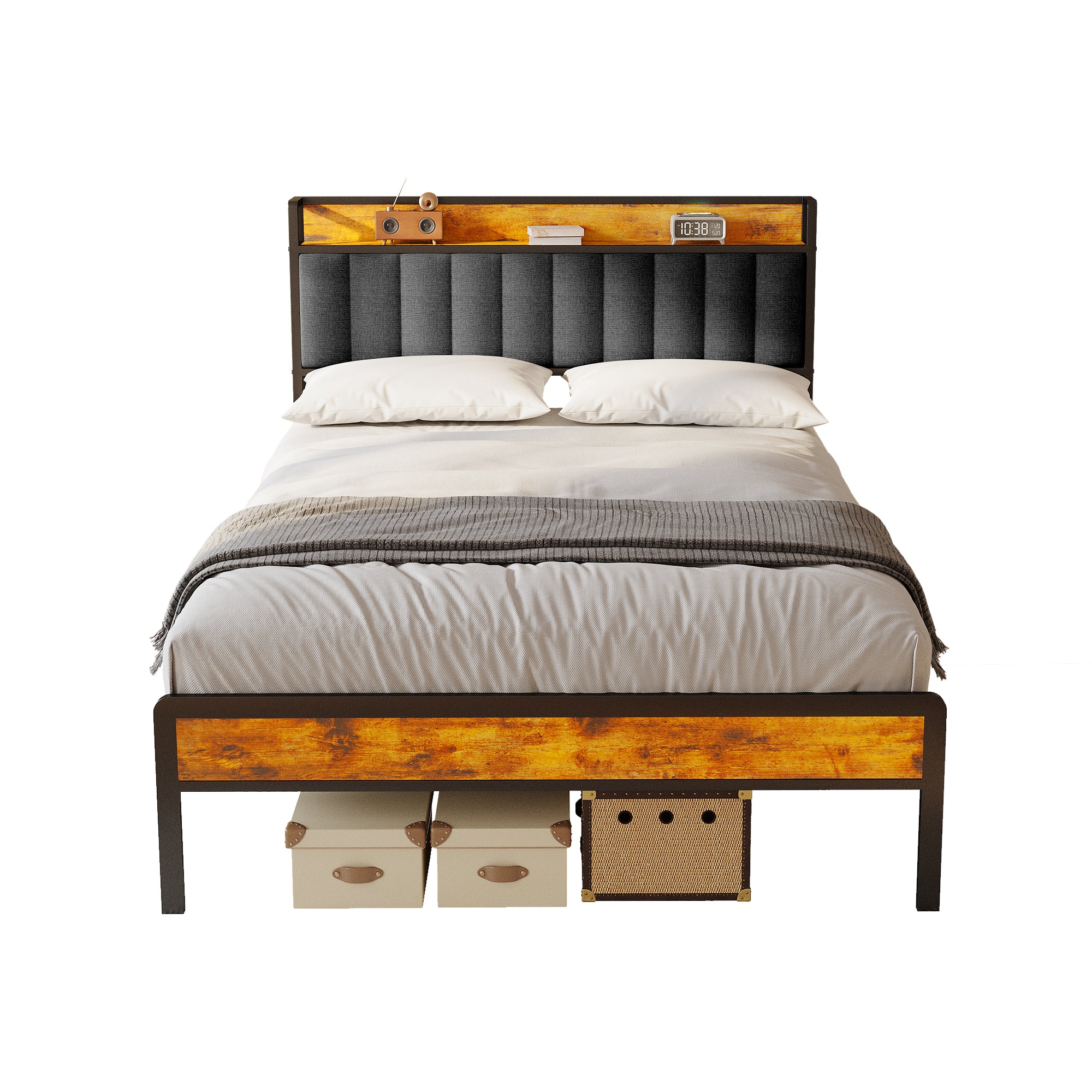 Bealife BF26 Lits Doubles avec tête de lit Rétractable, Cadre de Lit Plateforme Standard Cadre de Lit en Métal | 220 x 140 x 111cm