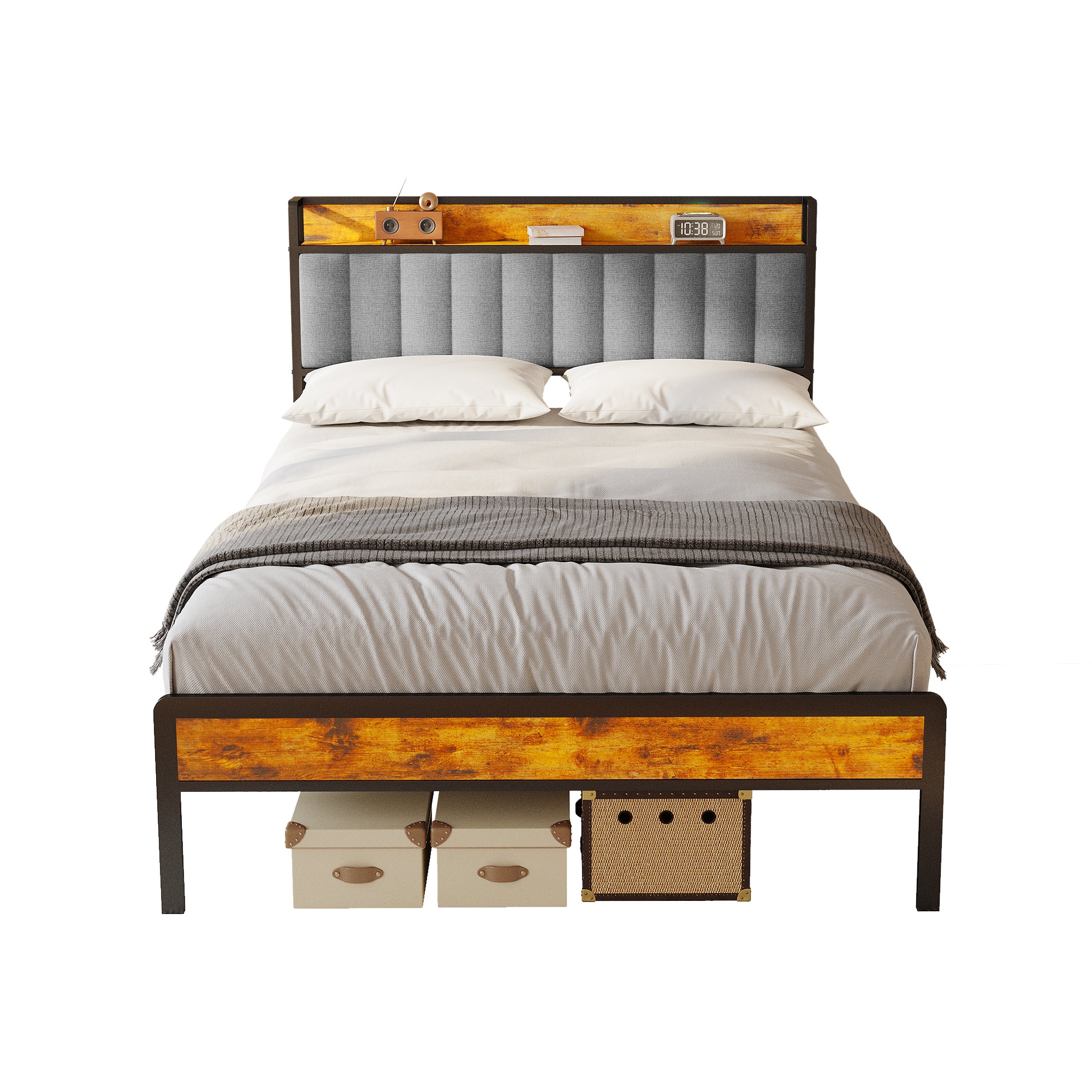 Bealife BF26 Lits Doubles avec tête de lit Rétractable, Cadre de Lit Plateforme Standard Cadre de Lit en Métal | 220 x 140 x 111cm