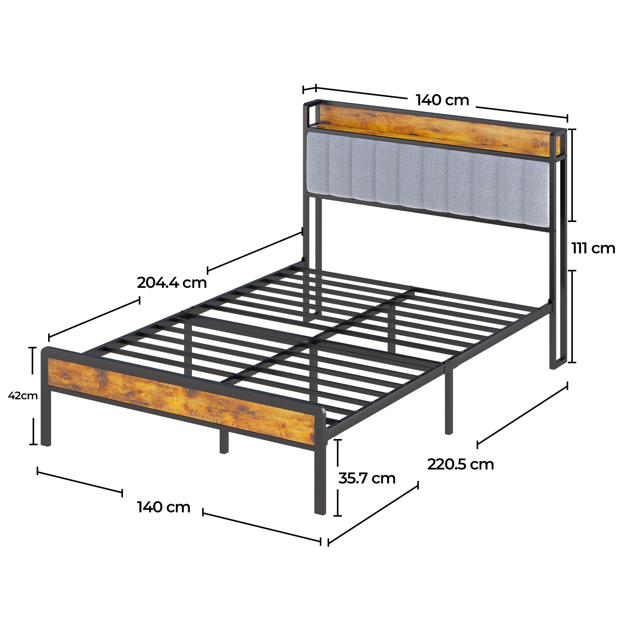 Bealife BF26 Lits Doubles avec tête de lit Rétractable, Cadre de Lit Plateforme Standard Cadre de Lit en Métal | 220 x 140 x 111cm