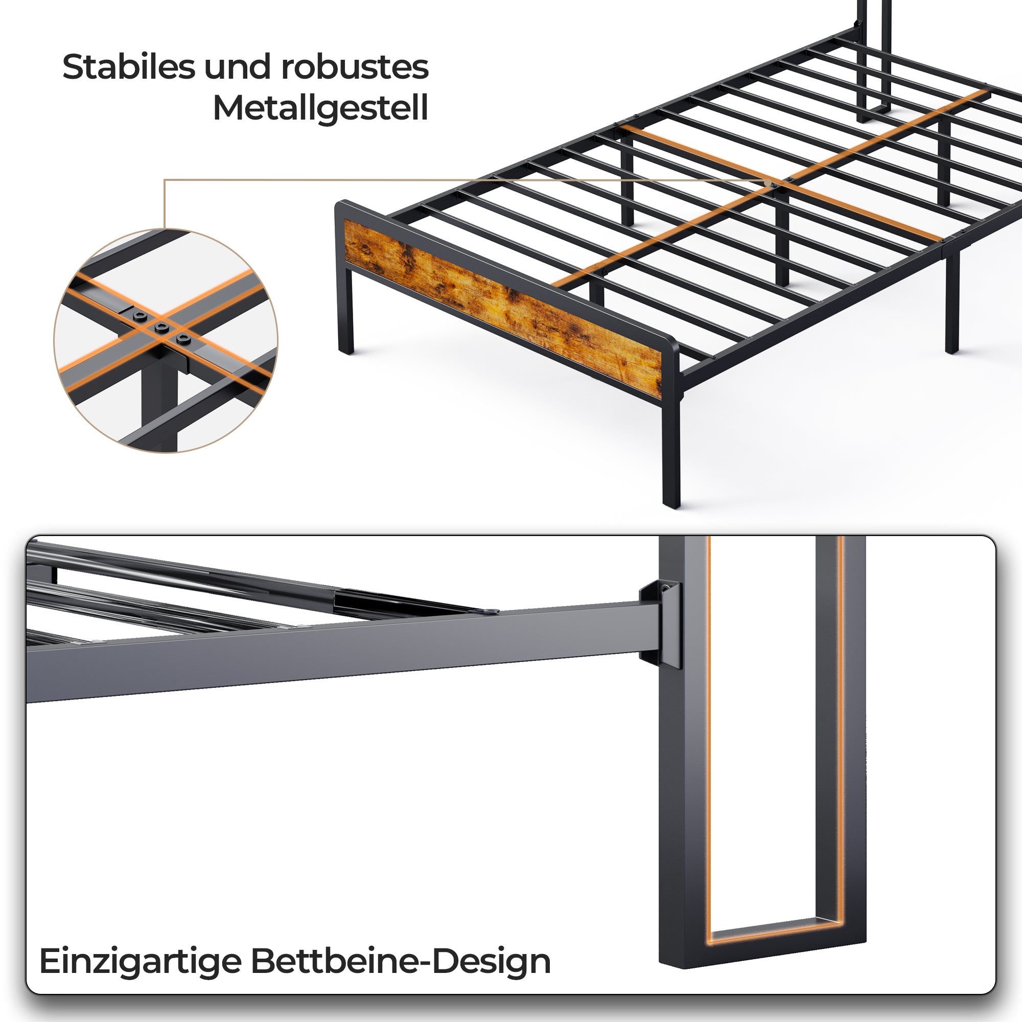 Bealife BF26 Lits Doubles avec tête de lit Rétractable, Cadre de Lit Plateforme Standard Cadre de Lit en Métal | 220 x 140 x 111cm