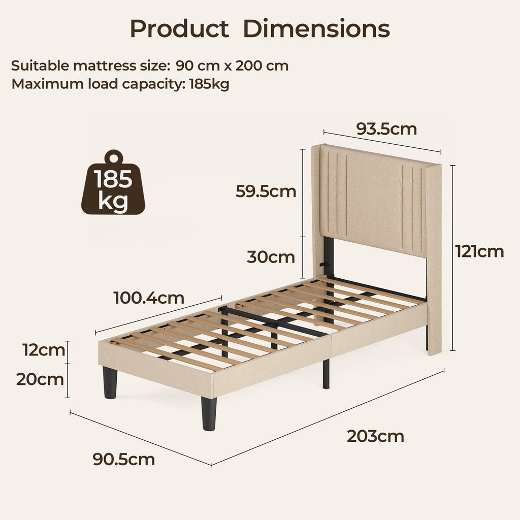 Bealife BF44 Upholstered Single Bed, Single Bed Frame with Wingback Headboard | 208 x 94 x 122cm
