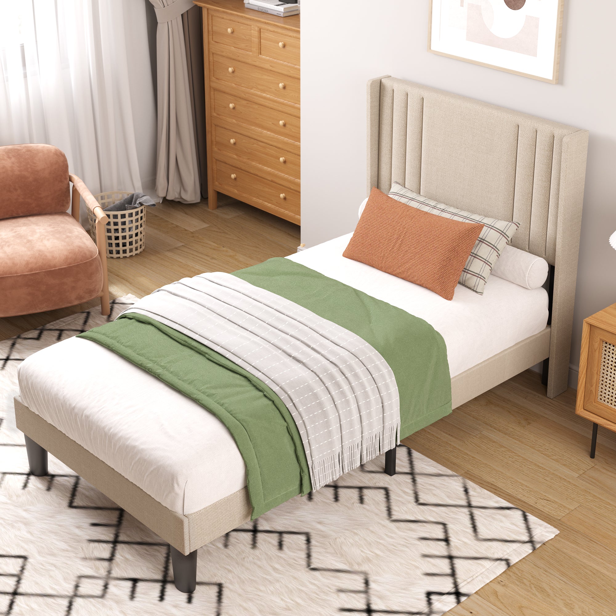 Bealife BF44 Upholstered Single Bed, Single Bed Frame with Wingback Headboard | 208 x 94 x 122cm