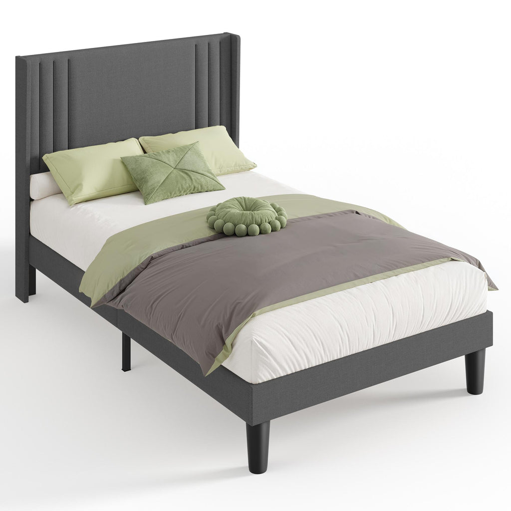 Bealife BF45 Lit double silencieux rembourré, sommier à lattes et tête de lit en lin