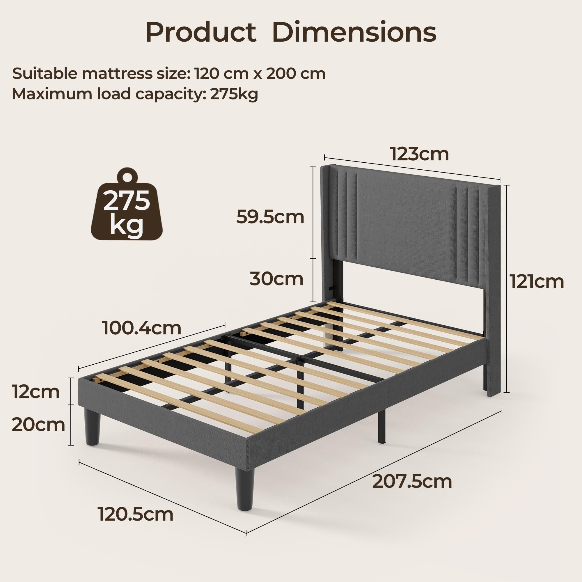 Bealife BF45 Noiseless Upholstered Double Bed with Slatted Frame & Linen Headboard