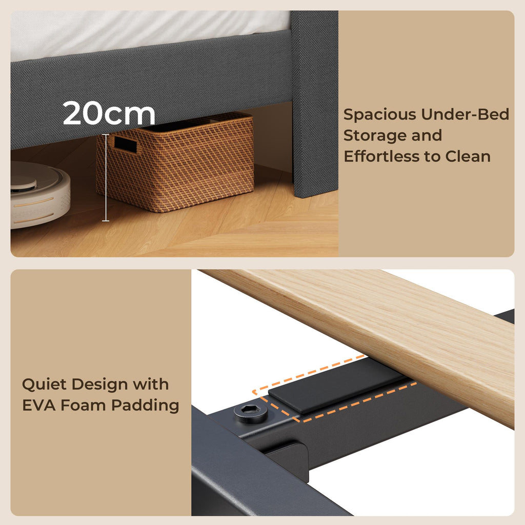 Bealife BF45 Lit double silencieux rembourré, sommier à lattes et tête de lit en lin