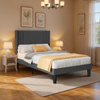 Bealife BF45 Lit double silencieux rembourré, sommier à lattes et tête de lit en lin