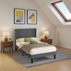 Bealife BF45 Lit double silencieux rembourré, sommier à lattes et tête de lit en lin