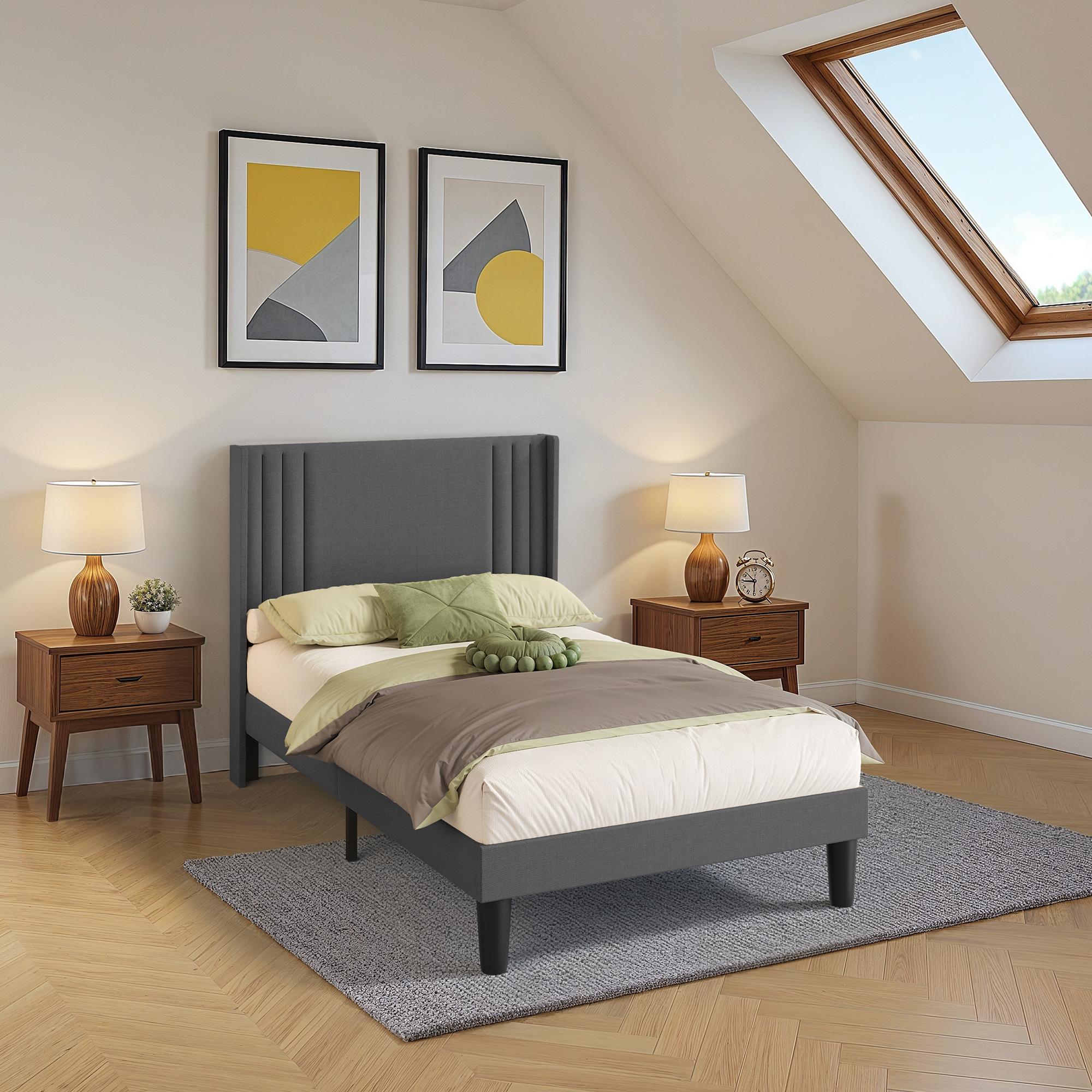 Bealife BF45 Lit double silencieux rembourré, sommier à lattes et tête de lit en lin