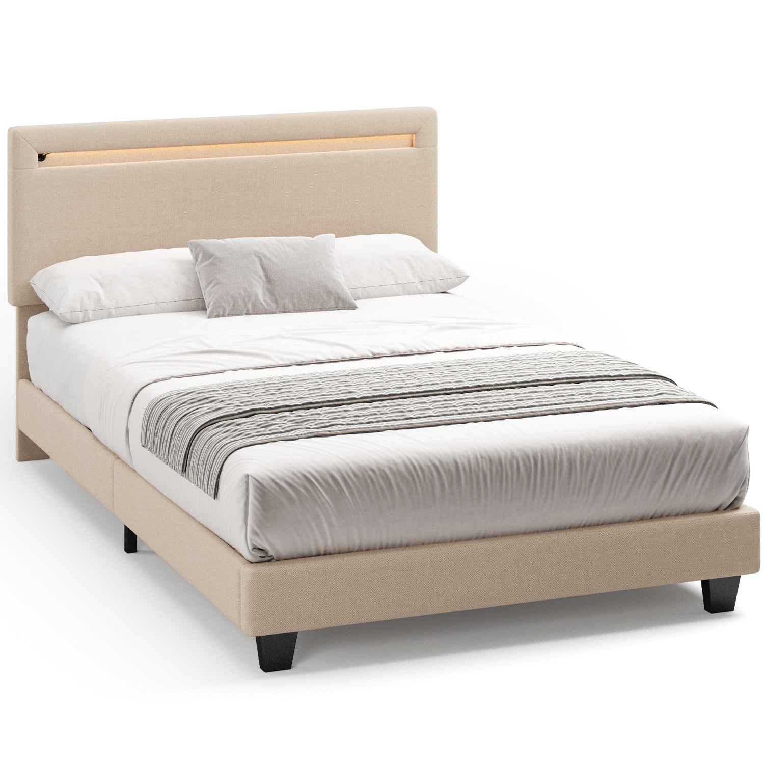 Bealife BF27 Lit simple rembourré 120x200 cm, cadre de lit en métal avec éclairage LED sur la tête de lit