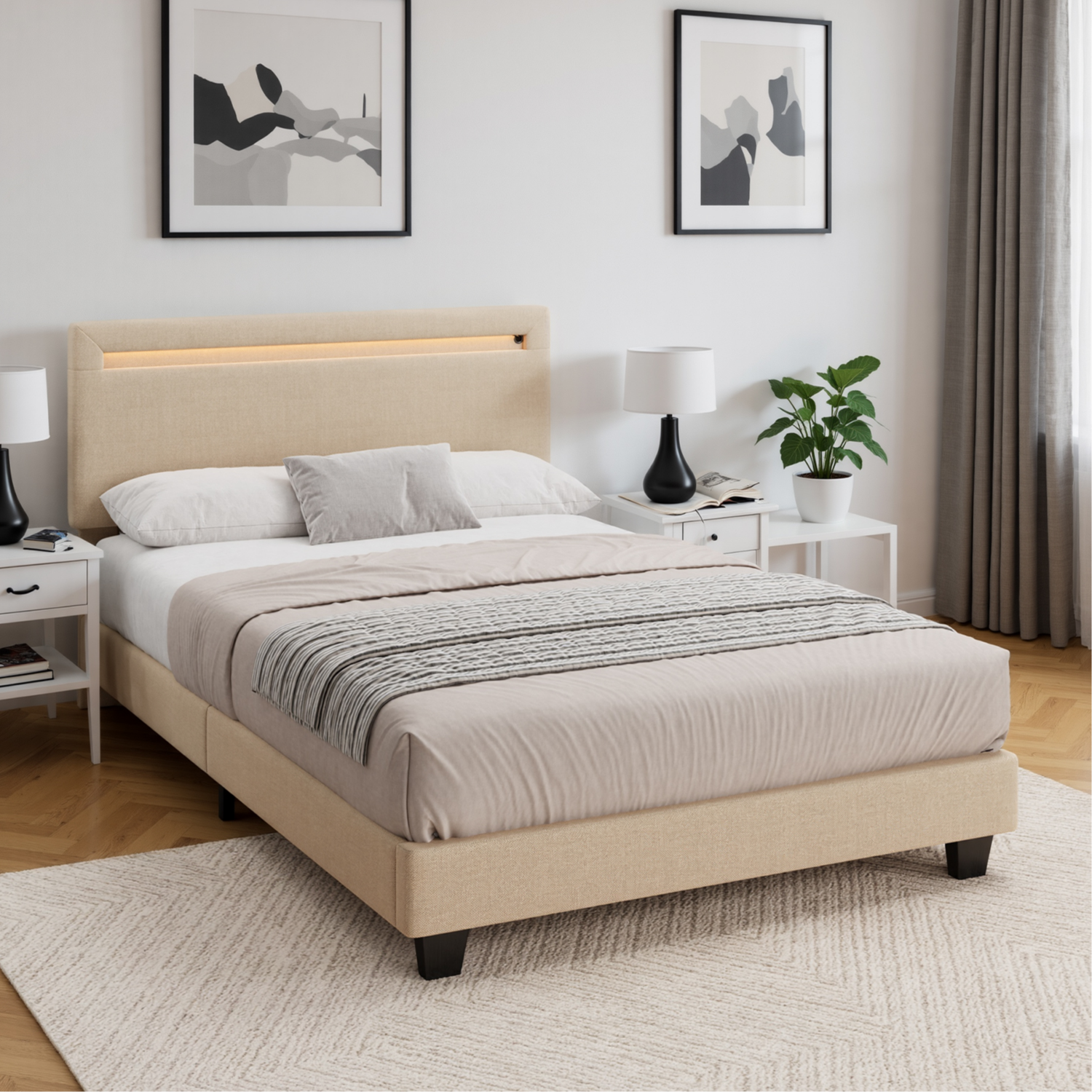 Bealife BF27 Lit simple rembourré 120x200 cm, cadre de lit en métal avec éclairage LED sur la tête de lit