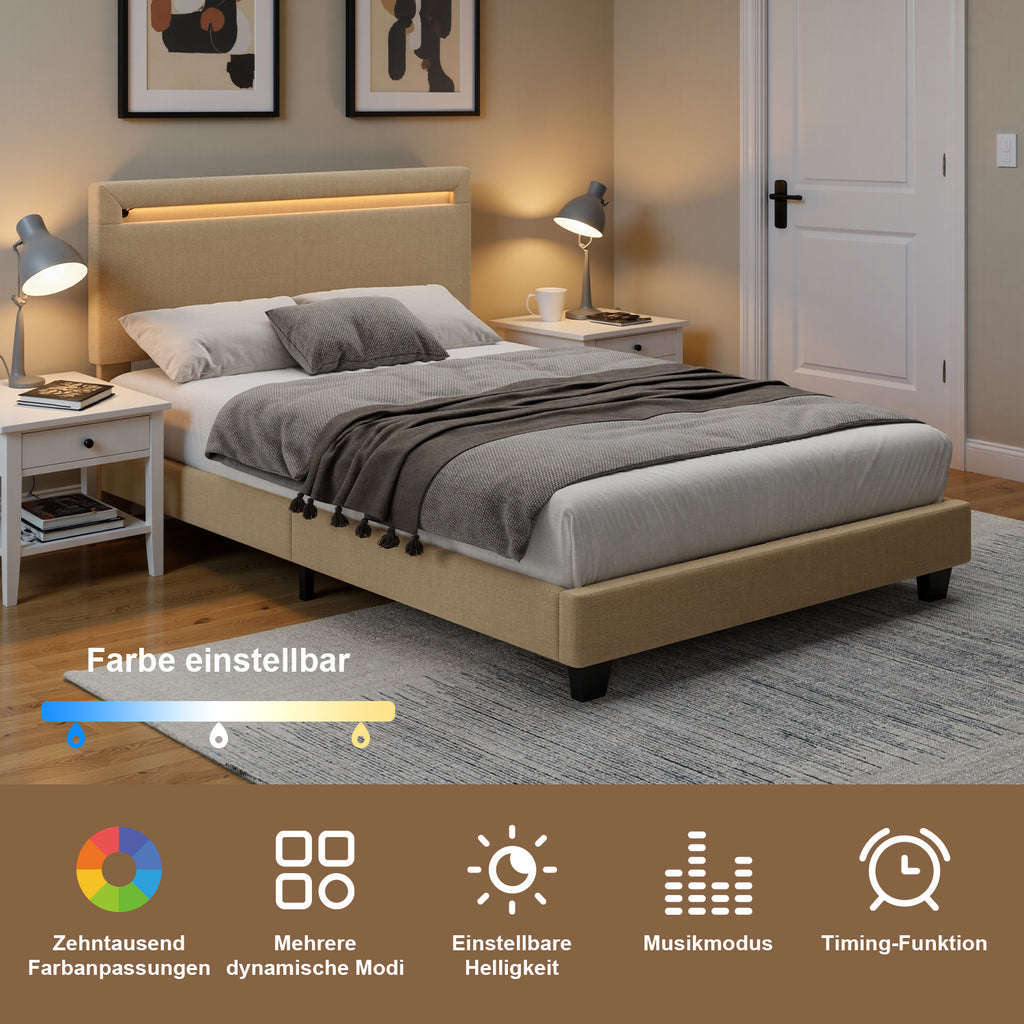 Bealife BF27 Lit simple rembourré 120x200 cm, cadre de lit en métal avec éclairage LED sur la tête de lit