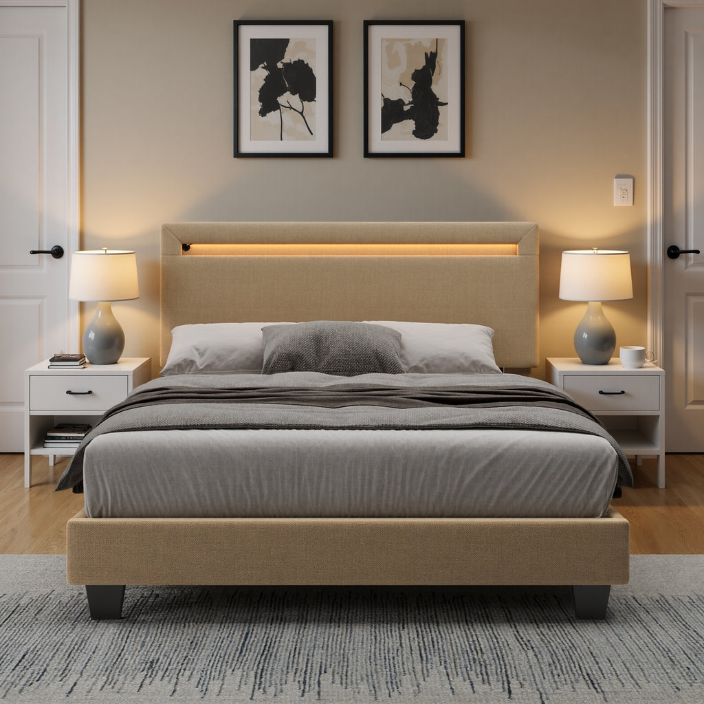 Bealife BF27 Lit simple rembourré 120x200 cm, cadre de lit en métal avec éclairage LED sur la tête de lit
