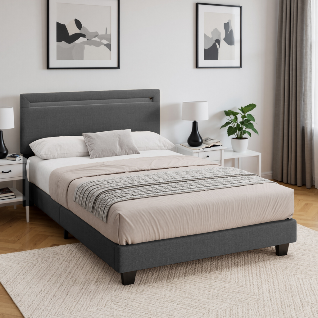 Bealife BF27 Lit simple rembourré 120x200 cm, cadre de lit en métal avec éclairage LED sur la tête de lit