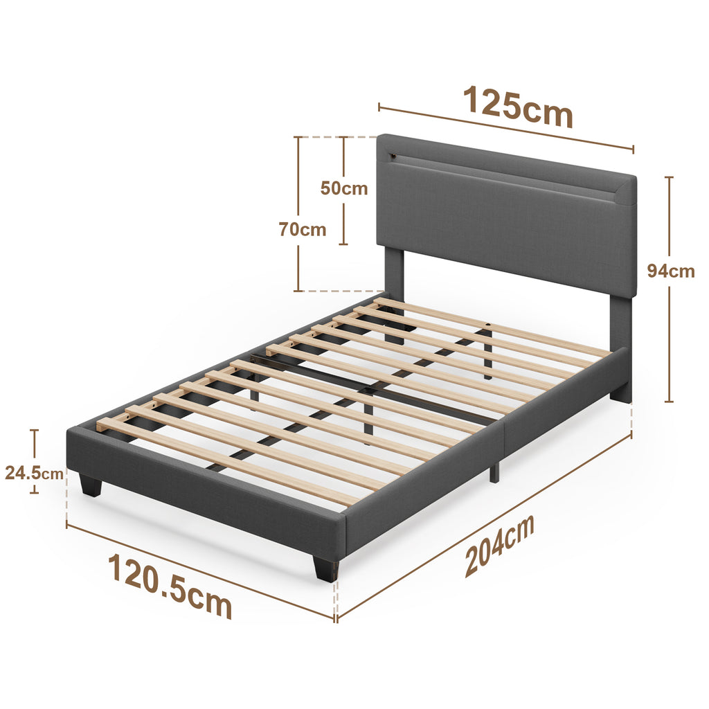 Bealife BF27 Lit simple rembourré 120x200 cm, cadre de lit en métal avec éclairage LED sur la tête de lit