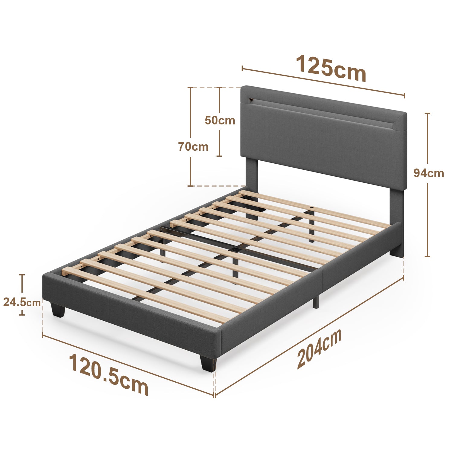 Bealife BF27 Lit simple rembourré 120x200 cm, cadre de lit en métal avec éclairage LED sur la tête de lit