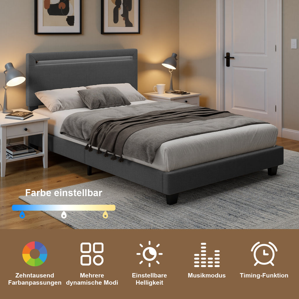 Bealife BF27 Lit simple rembourré 120x200 cm, cadre de lit en métal avec éclairage LED sur la tête de lit