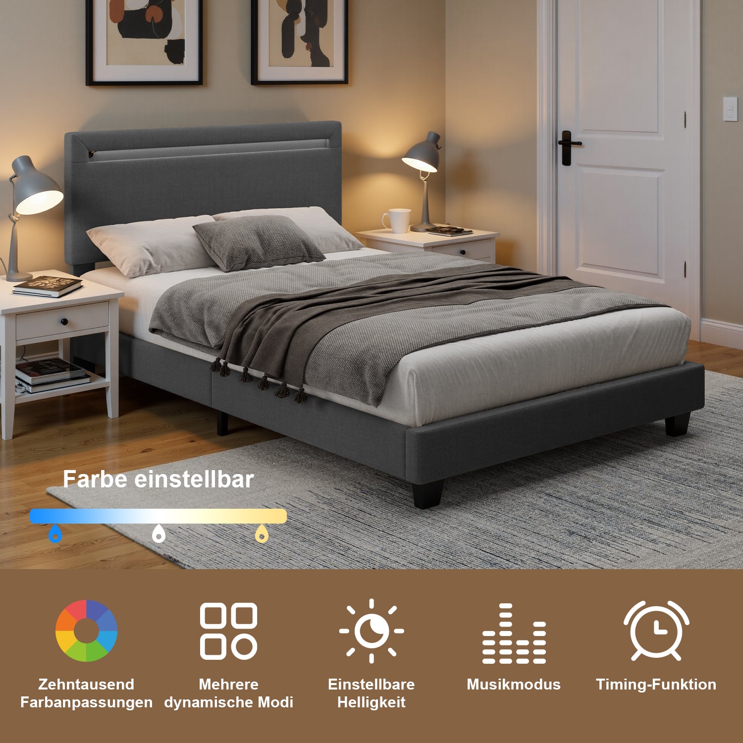 Bealife BF27 Lit simple rembourré 120x200 cm, cadre de lit en métal avec éclairage LED sur la tête de lit