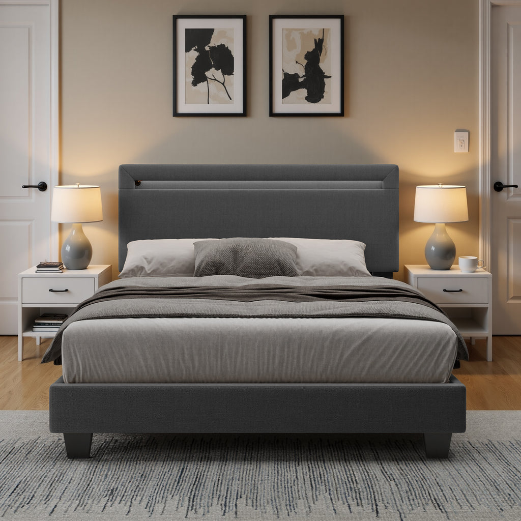 Bealife BF27 Lit simple rembourré 120x200 cm, cadre de lit en métal avec éclairage LED sur la tête de lit