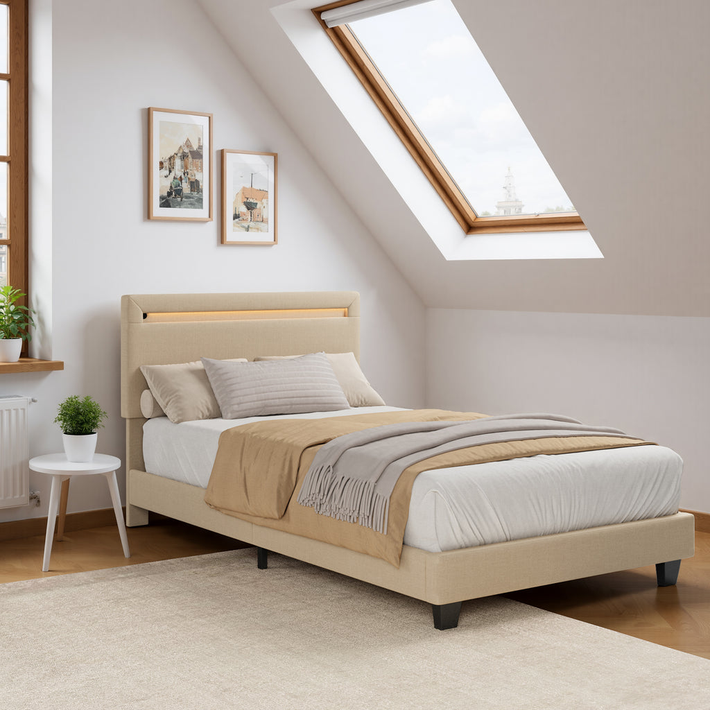 Bealife BF27 Lit simple rembourré 90x200 cm, sommier en métal avec éclairage LED au niveau de la tête de lit