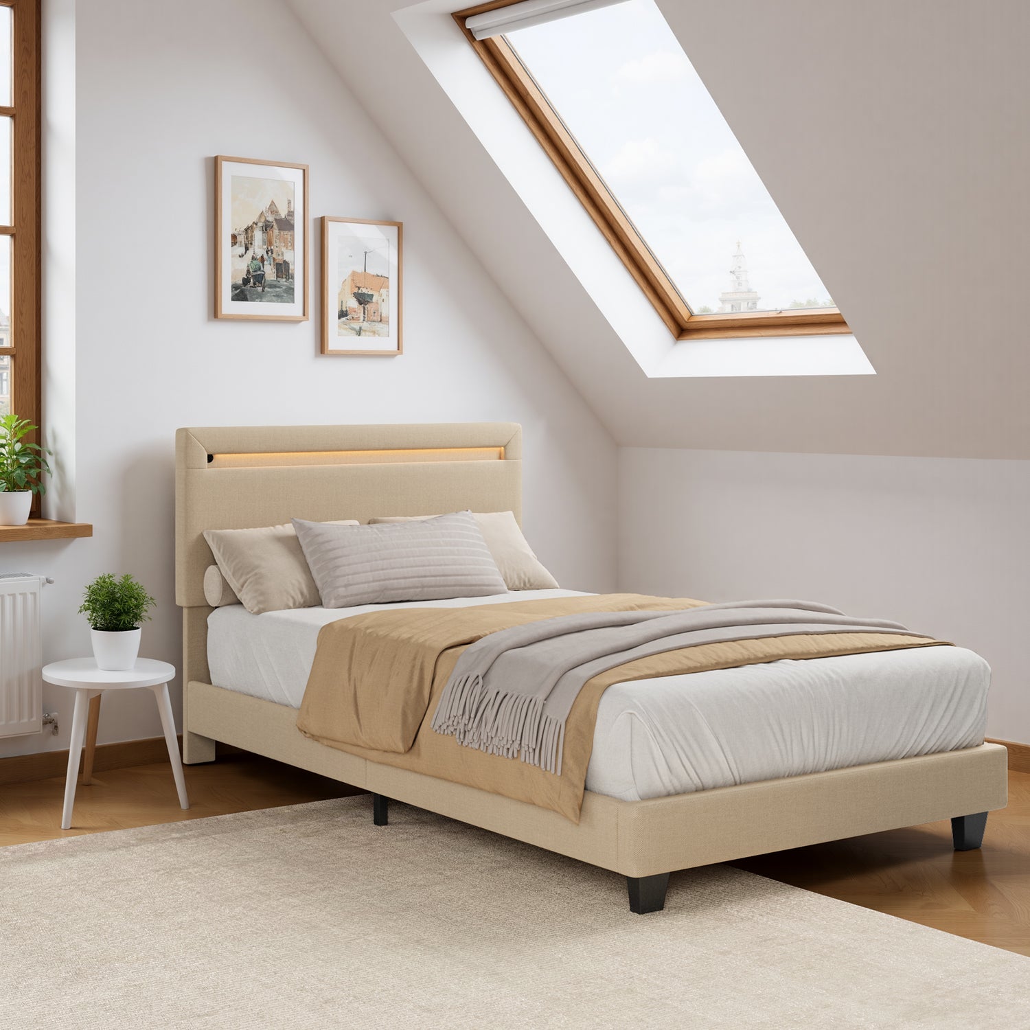 Bealife BF27 Lit simple rembourré 90x200 cm, sommier en métal avec éclairage LED au niveau de la tête de lit