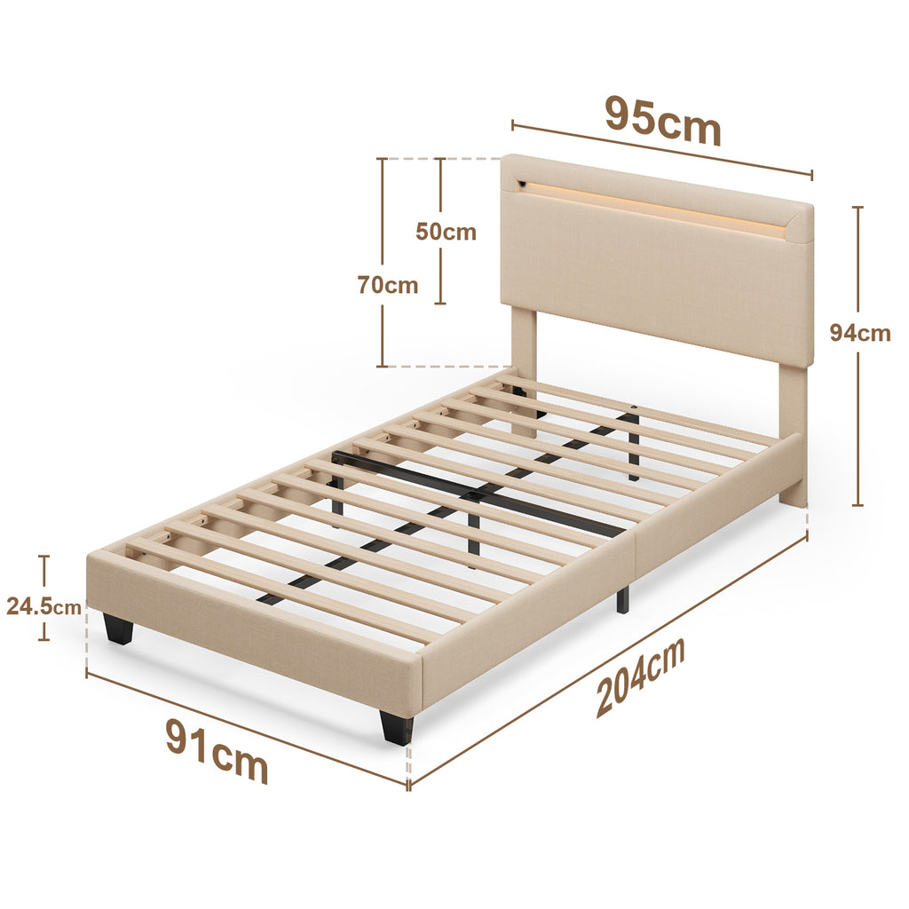 Bealife BF27 Lit simple rembourré 90x200 cm, sommier en métal avec éclairage LED au niveau de la tête de lit