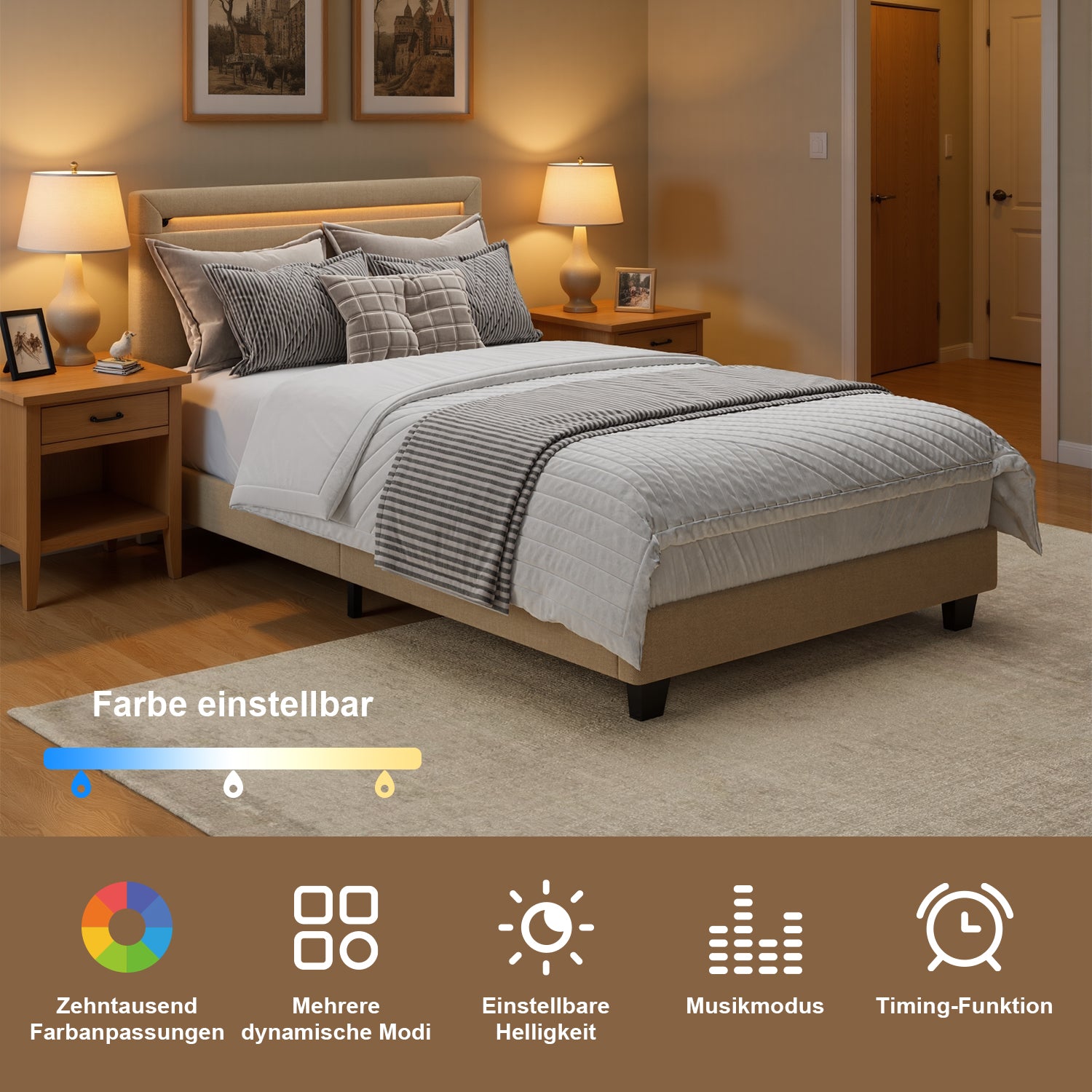 Bealife BF27 Lit simple rembourré 90x200 cm, sommier en métal avec éclairage LED au niveau de la tête de lit