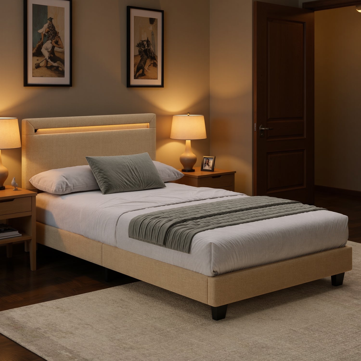 Bealife BF27 Lit simple rembourré 90x200 cm, sommier en métal avec éclairage LED au niveau de la tête de lit