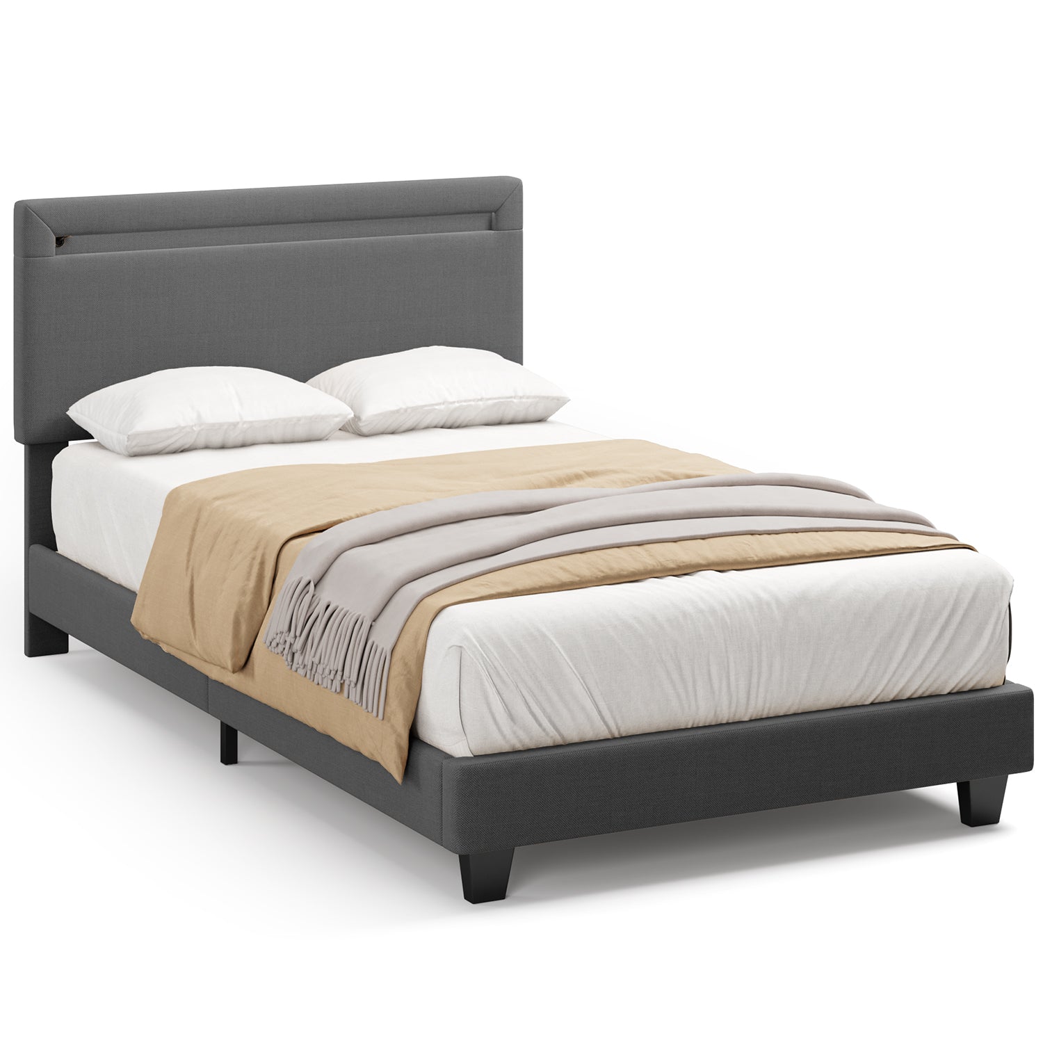 Bealife BF27 Lit simple rembourré 90x200 cm, sommier en métal avec éclairage LED au niveau de la tête de lit
