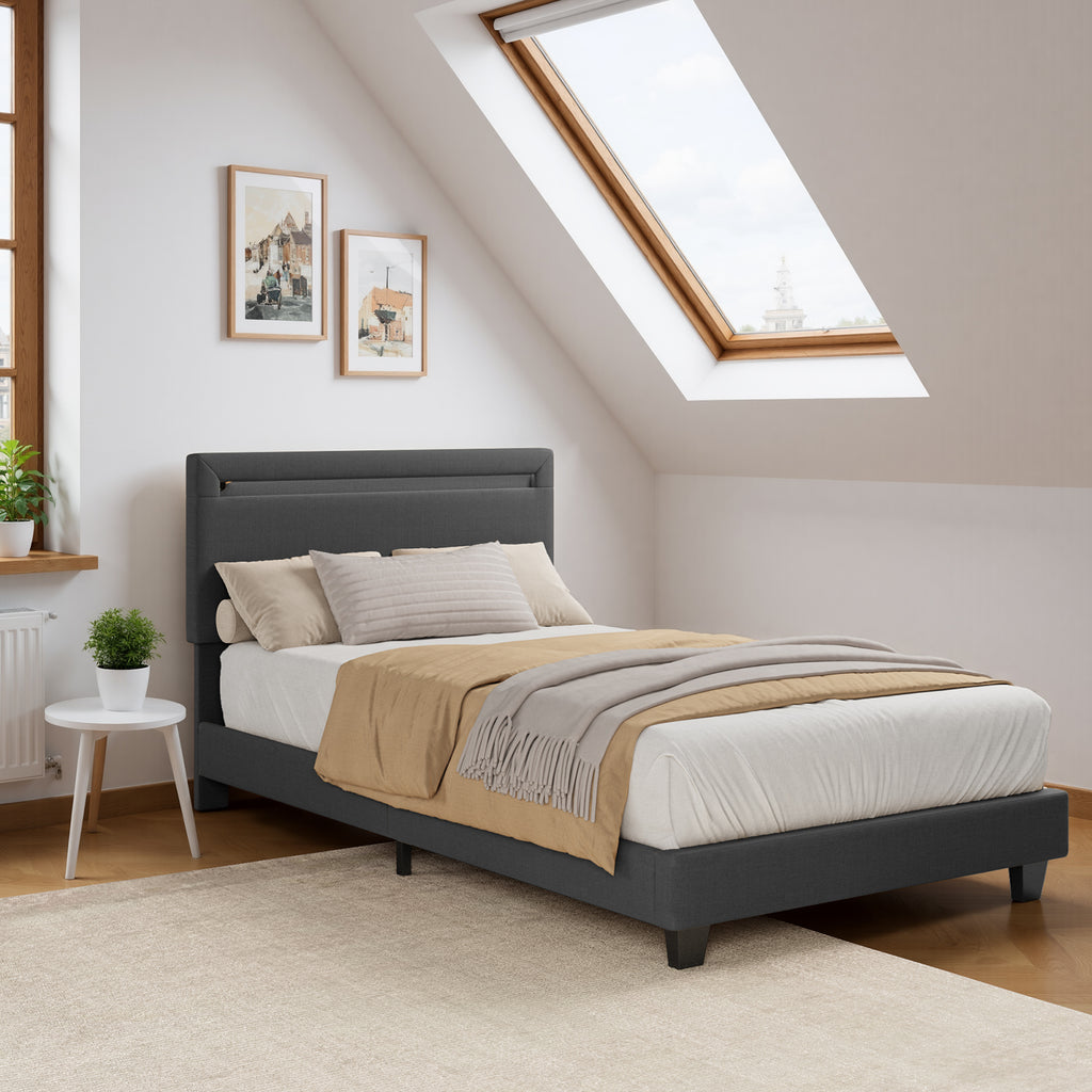 Bealife BF27 Lit simple rembourré 90x200 cm, sommier en métal avec éclairage LED au niveau de la tête de lit