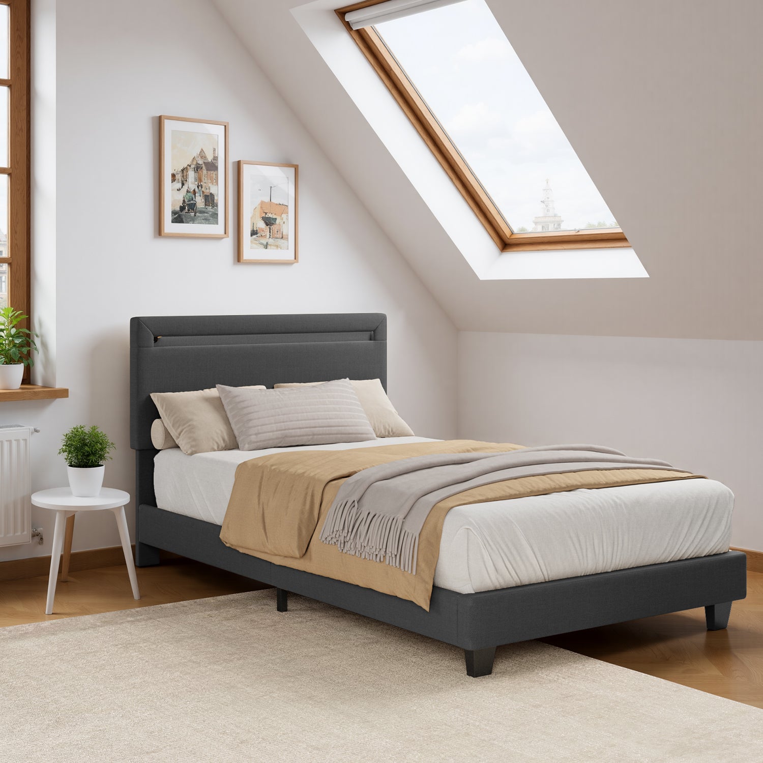 Bealife BF27 Lit simple rembourré 90x200 cm, sommier en métal avec éclairage LED au niveau de la tête de lit
