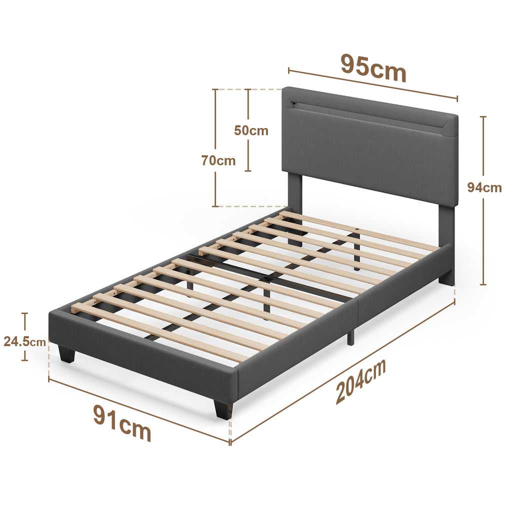 Bealife BF27 Lit simple rembourré 90x200 cm, sommier en métal avec éclairage LED au niveau de la tête de lit