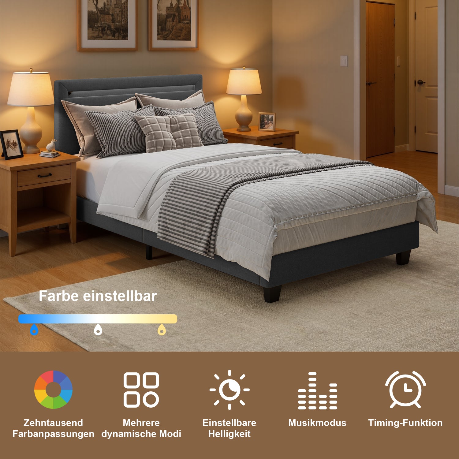 Bealife BF27 Lit simple rembourré 90x200 cm, sommier en métal avec éclairage LED au niveau de la tête de lit