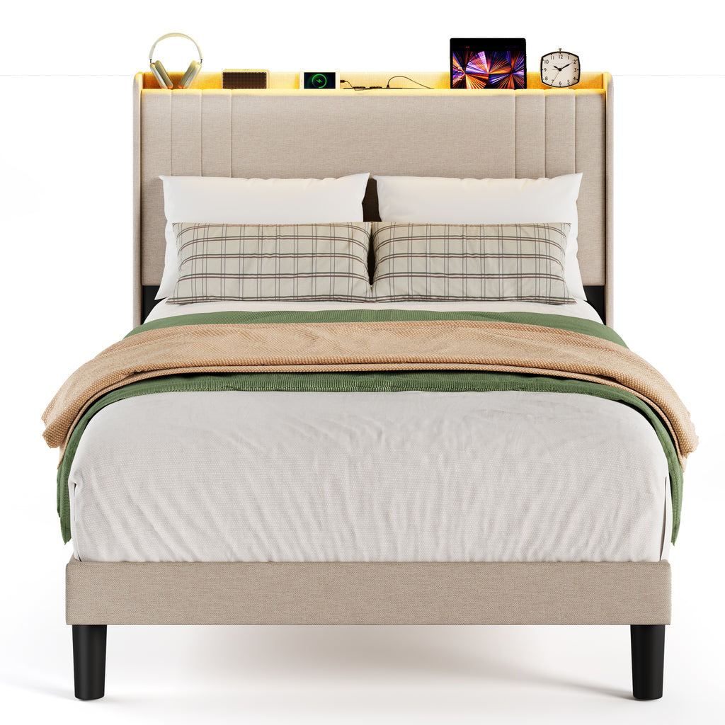Lit simple rembourré Bealife BF28 120x200 cm, cadre de lit en métal avec éclairage LED, étagère de tête de lit et station de recharge intégrée