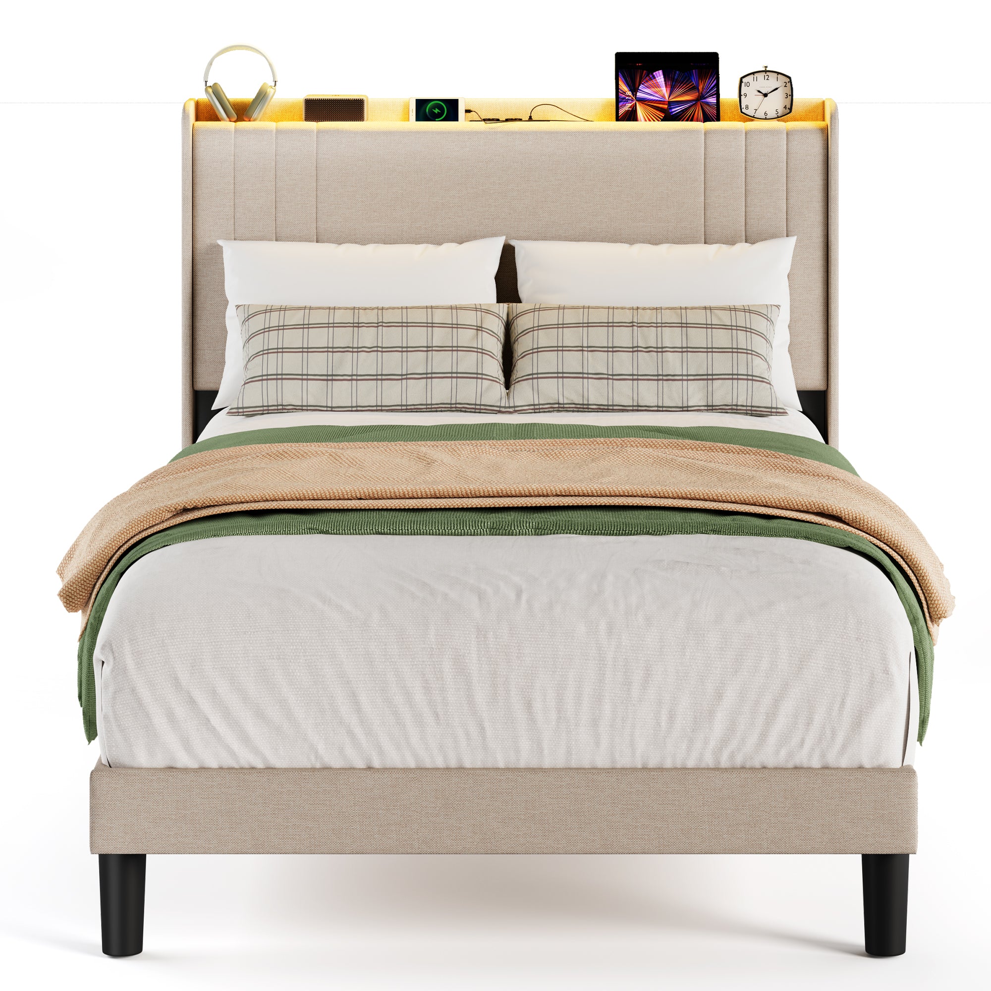 Lit simple rembourré Bealife BF28 120x200 cm, cadre de lit en métal avec éclairage LED, étagère de tête de lit et station de recharge intégrée