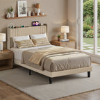 Lit simple rembourré Bealife BF28 120x200 cm, cadre de lit en métal avec éclairage LED, étagère de tête de lit et station de recharge intégrée