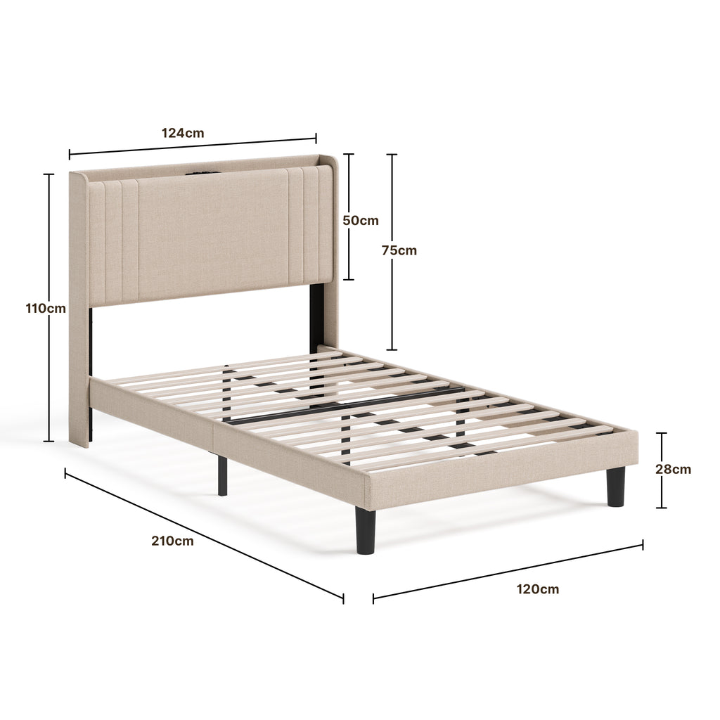 Lit simple rembourré Bealife BF28 120x200 cm, cadre de lit en métal avec éclairage LED, étagère de tête de lit et station de recharge intégrée
