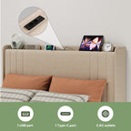 Lit simple rembourré Bealife BF28 120x200 cm, cadre de lit en métal avec éclairage LED, étagère de tête de lit et station de recharge intégrée