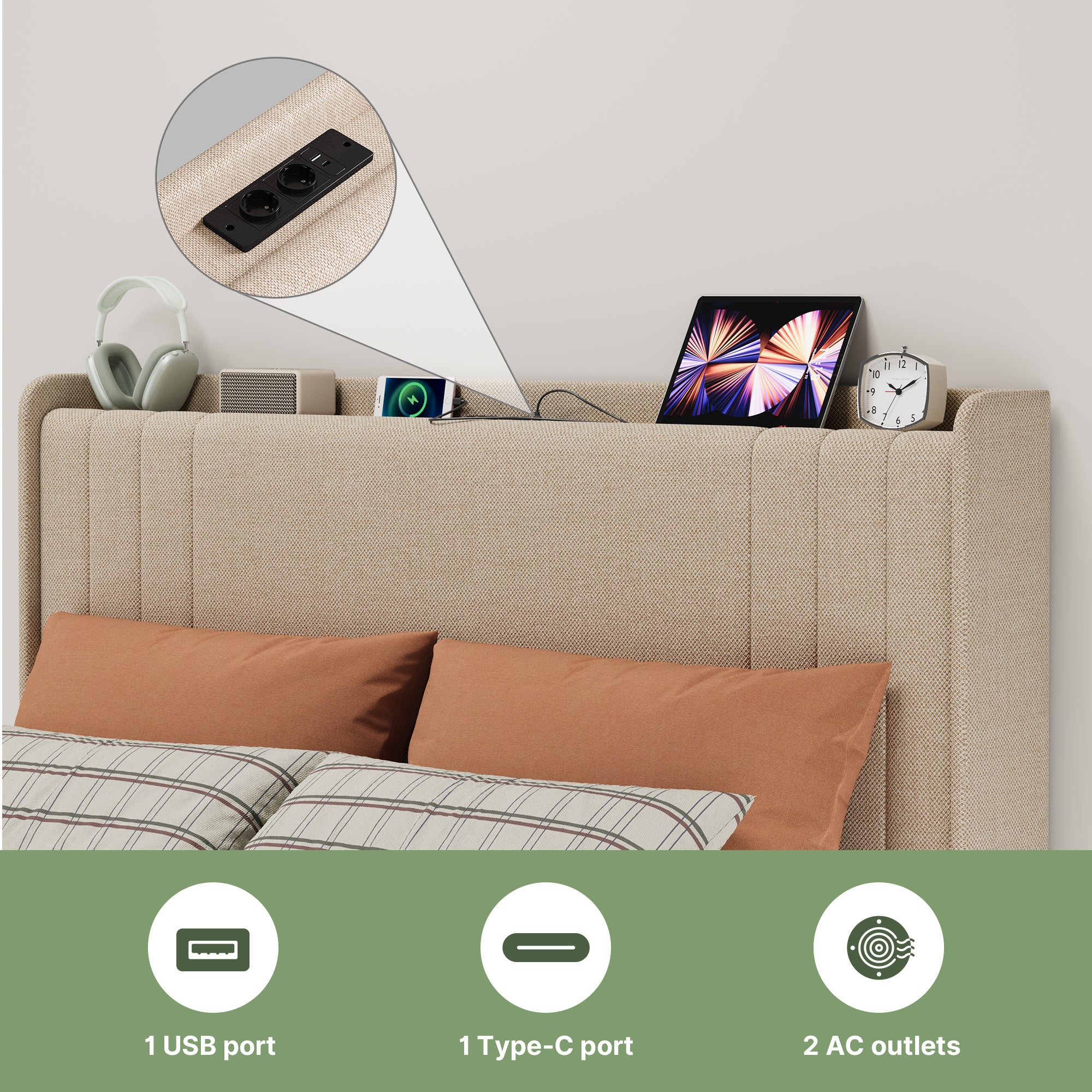 Lit simple rembourré Bealife BF28 120x200 cm, cadre de lit en métal avec éclairage LED, étagère de tête de lit et station de recharge intégrée