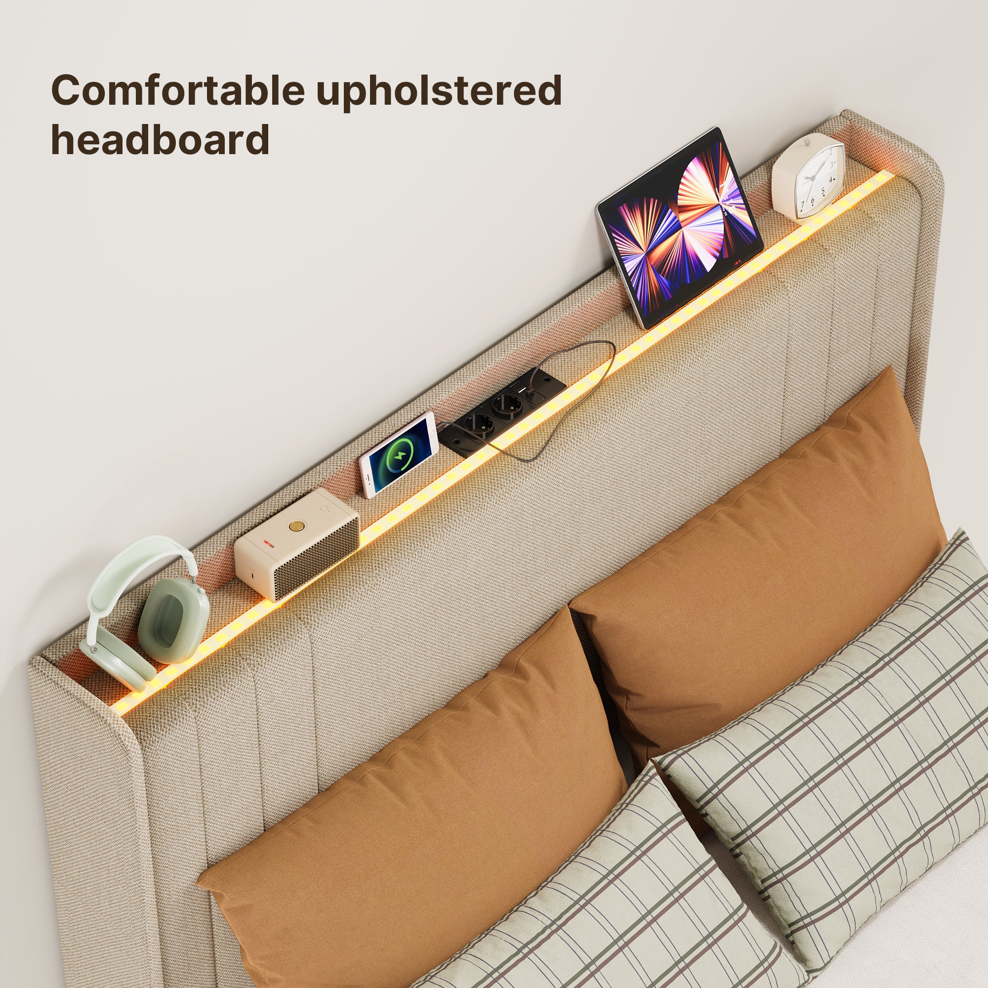 Lit simple rembourré Bealife BF28 120x200 cm, cadre de lit en métal avec éclairage LED, étagère de tête de lit et station de recharge intégrée