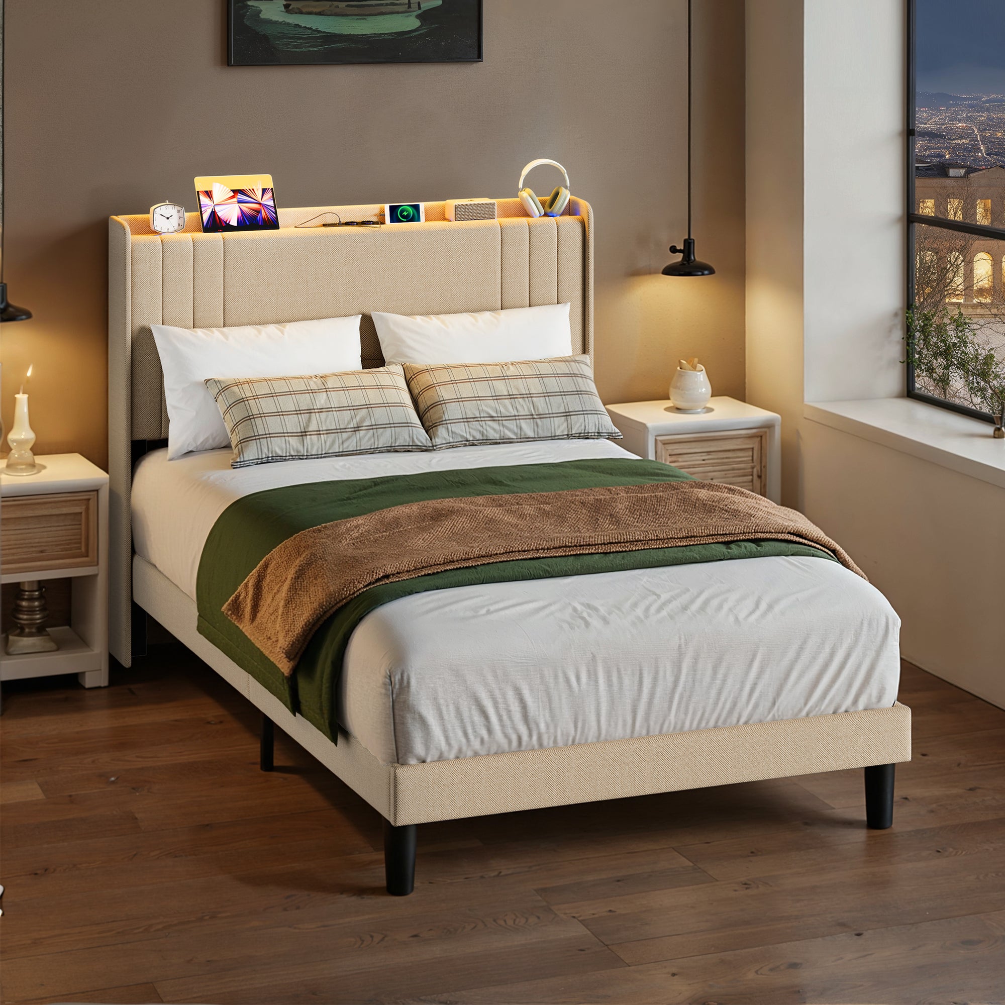 Lit simple rembourré Bealife BF28 120x200 cm, cadre de lit en métal avec éclairage LED, étagère de tête de lit et station de recharge intégrée