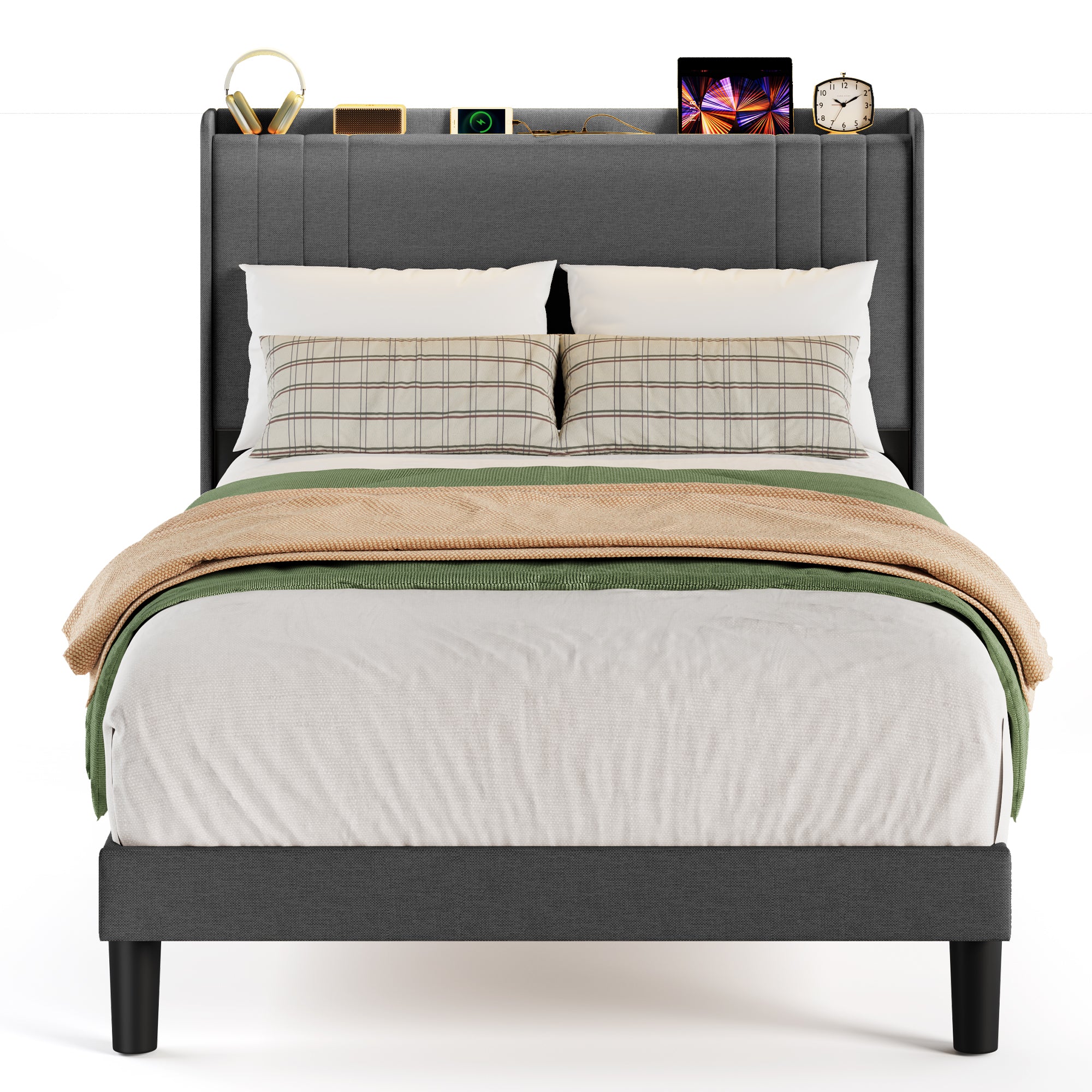 Lit simple rembourré Bealife BF28 120x200 cm, cadre de lit en métal avec éclairage LED, étagère de tête de lit et station de recharge intégrée