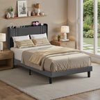 Lit simple rembourré Bealife BF28 120x200 cm, cadre de lit en métal avec éclairage LED, étagère de tête de lit et station de recharge intégrée