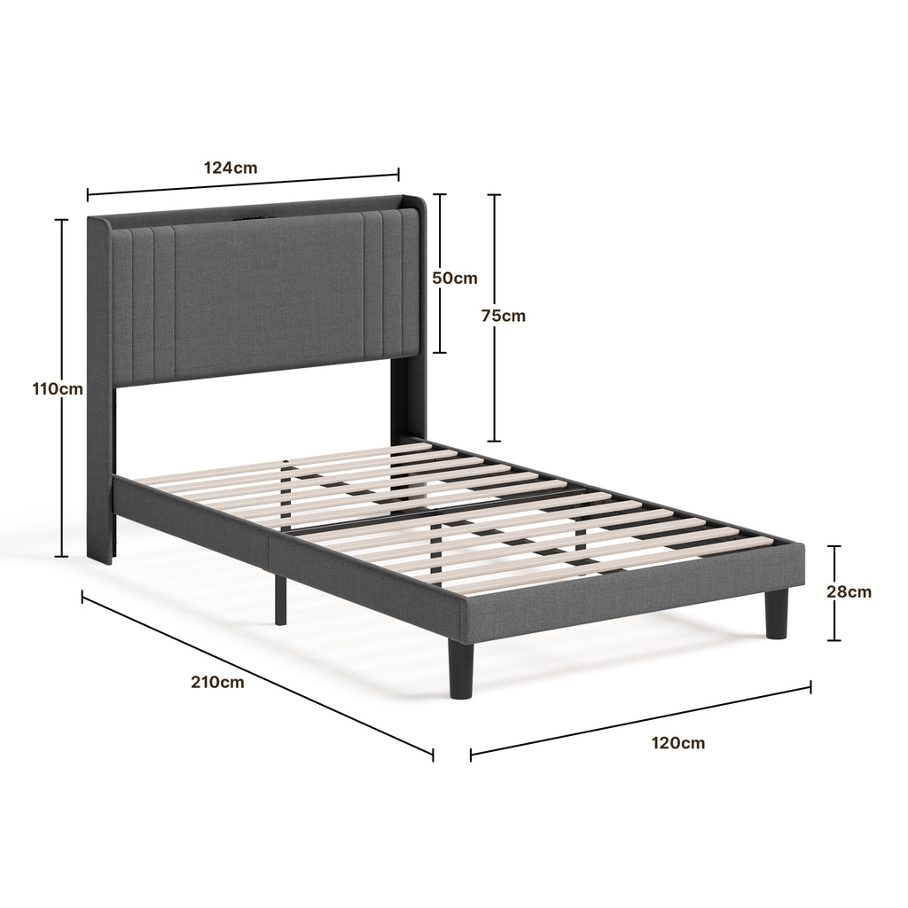 Lit simple rembourré Bealife BF28 120x200 cm, cadre de lit en métal avec éclairage LED, étagère de tête de lit et station de recharge intégrée